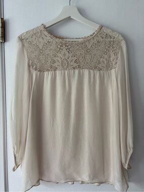 GIUSY Ivory Silk Blend Lace Blouse Made in Italy Sheer Sleeves Size M